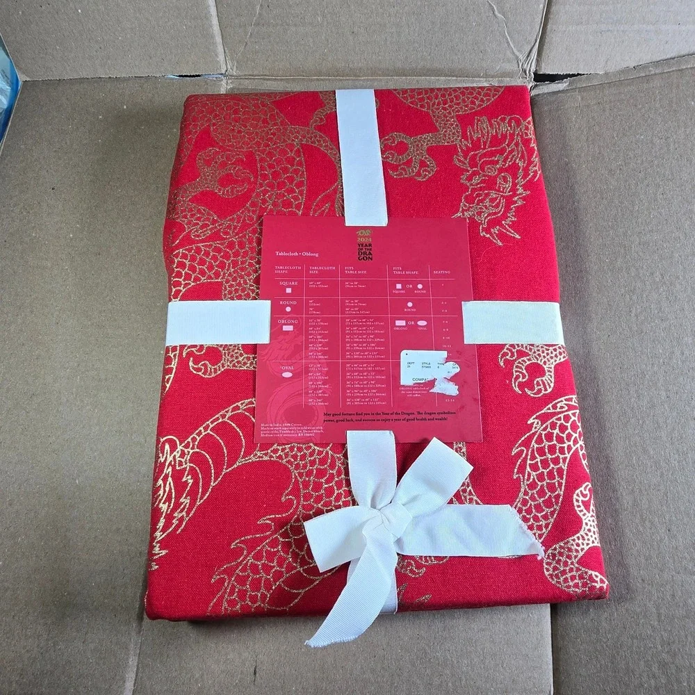 Year of the Dragon 2024 Red‎ Gold Oblong Tablecloth 60x120 Cotton Lunar New Year